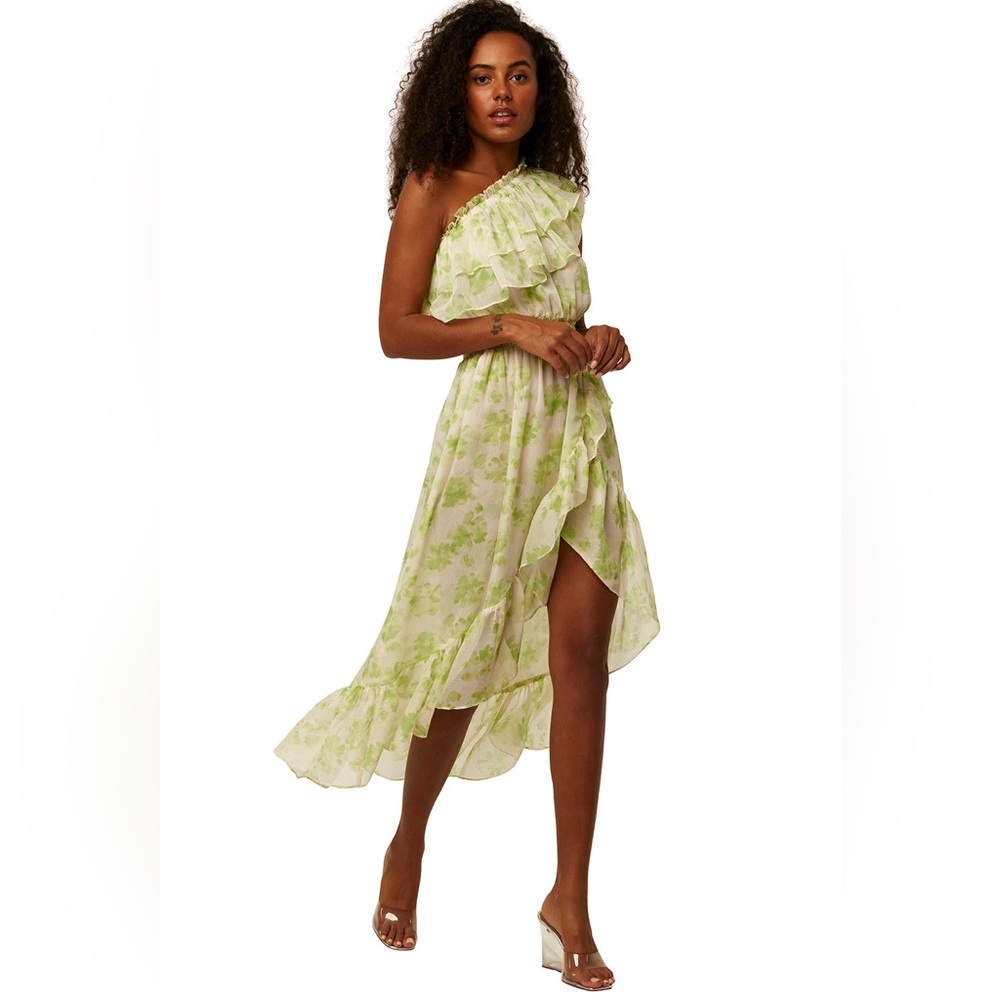 MISA Los Angeles LA Women's Midi Dress Rumi Blossom Printed Chiffon One Shoulder